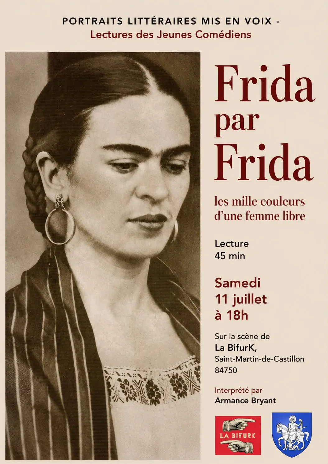 Lecture "Jeunes Comédiens 2026 " Frida par Frida, les 1000 couleurs d'une femme libre"  par Armance Bryant