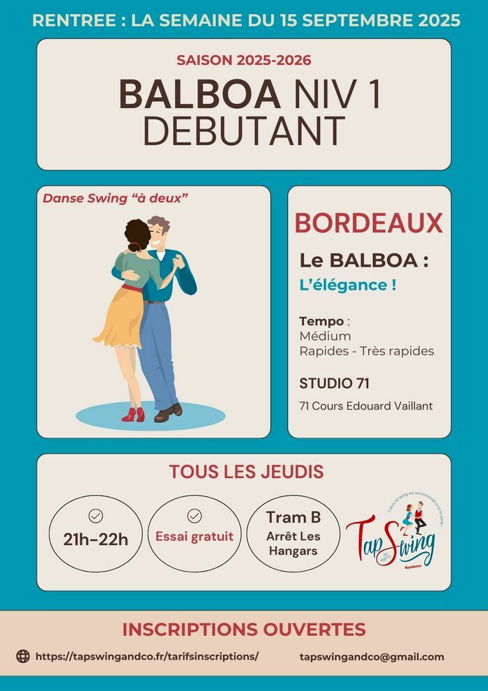 Rentrée des cours de danses swing : BALBOA DEBUTANT - Bordeaux - Studio 71