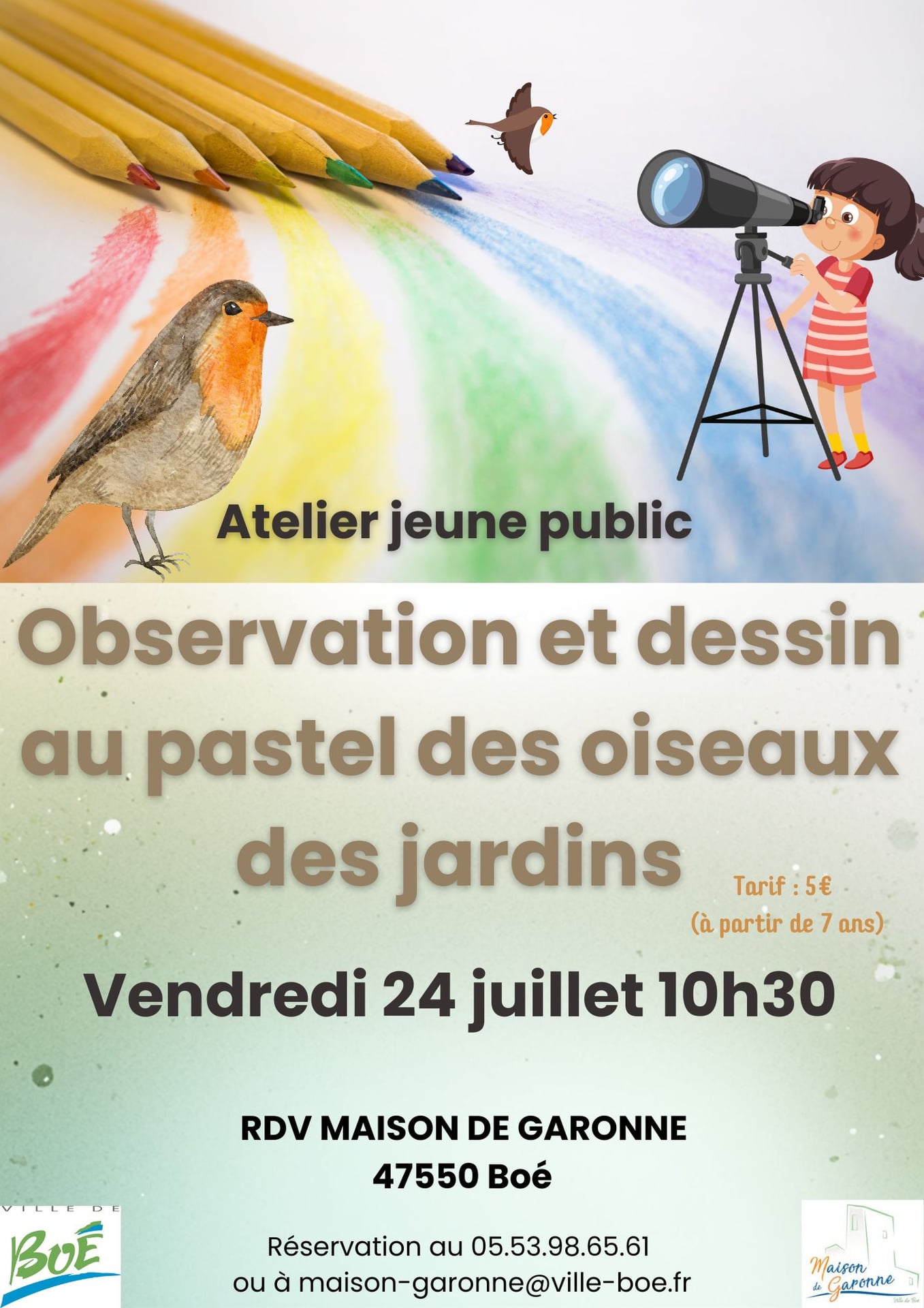 Atelier d'observation des oiseaux et de dessin crayons pastel