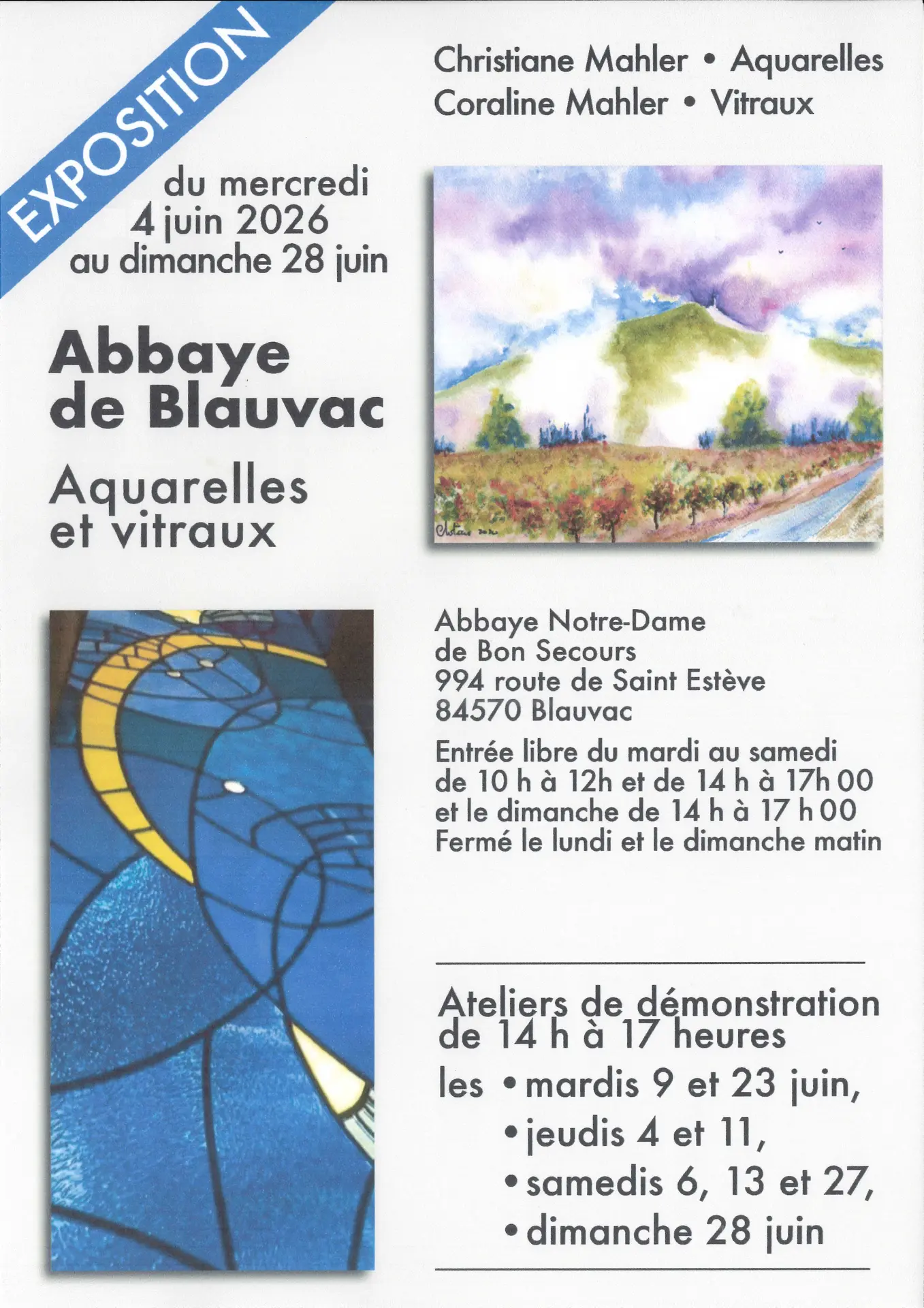 Exposition d'Aquarelles et vitraux à l'Abbaye Notre Dame de Bon Secours