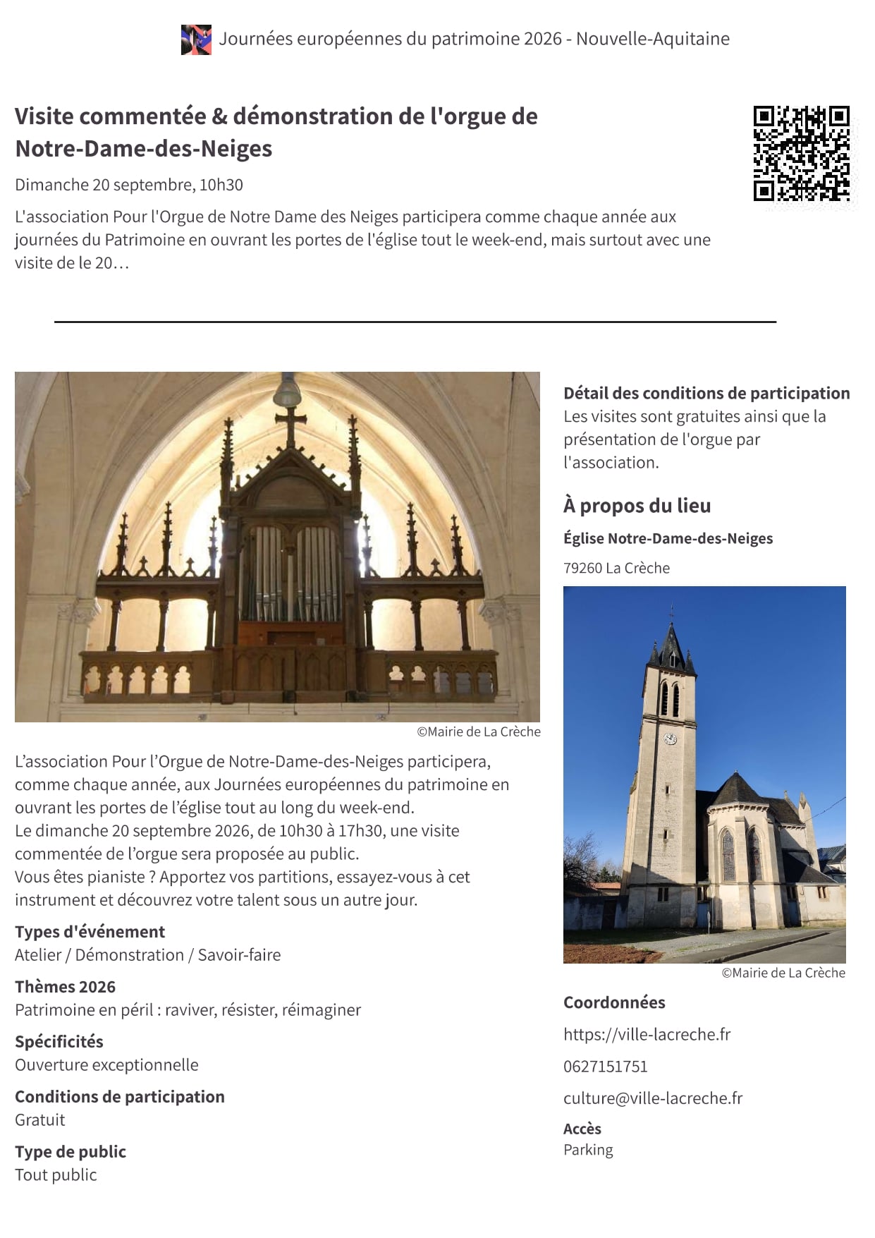 Journées du Patrimoine : Visite commentée et démonstration de l'orgue de Notre-Dame-des-Neiges