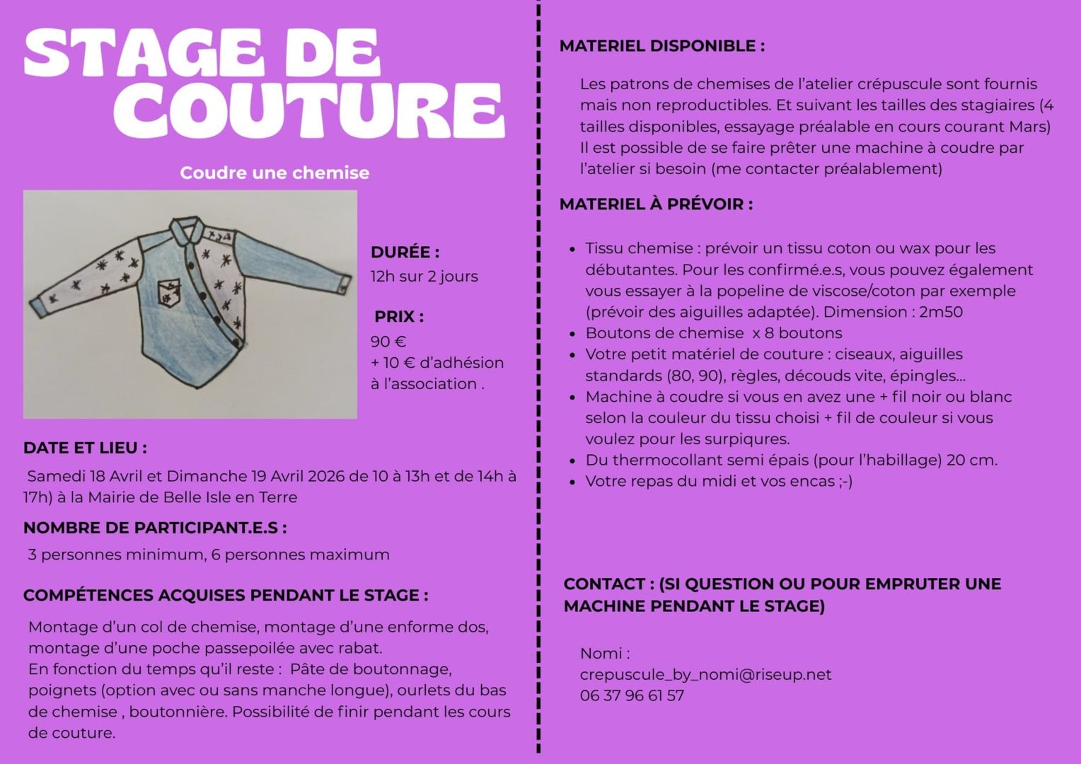 Stage couture : coudre une chemise