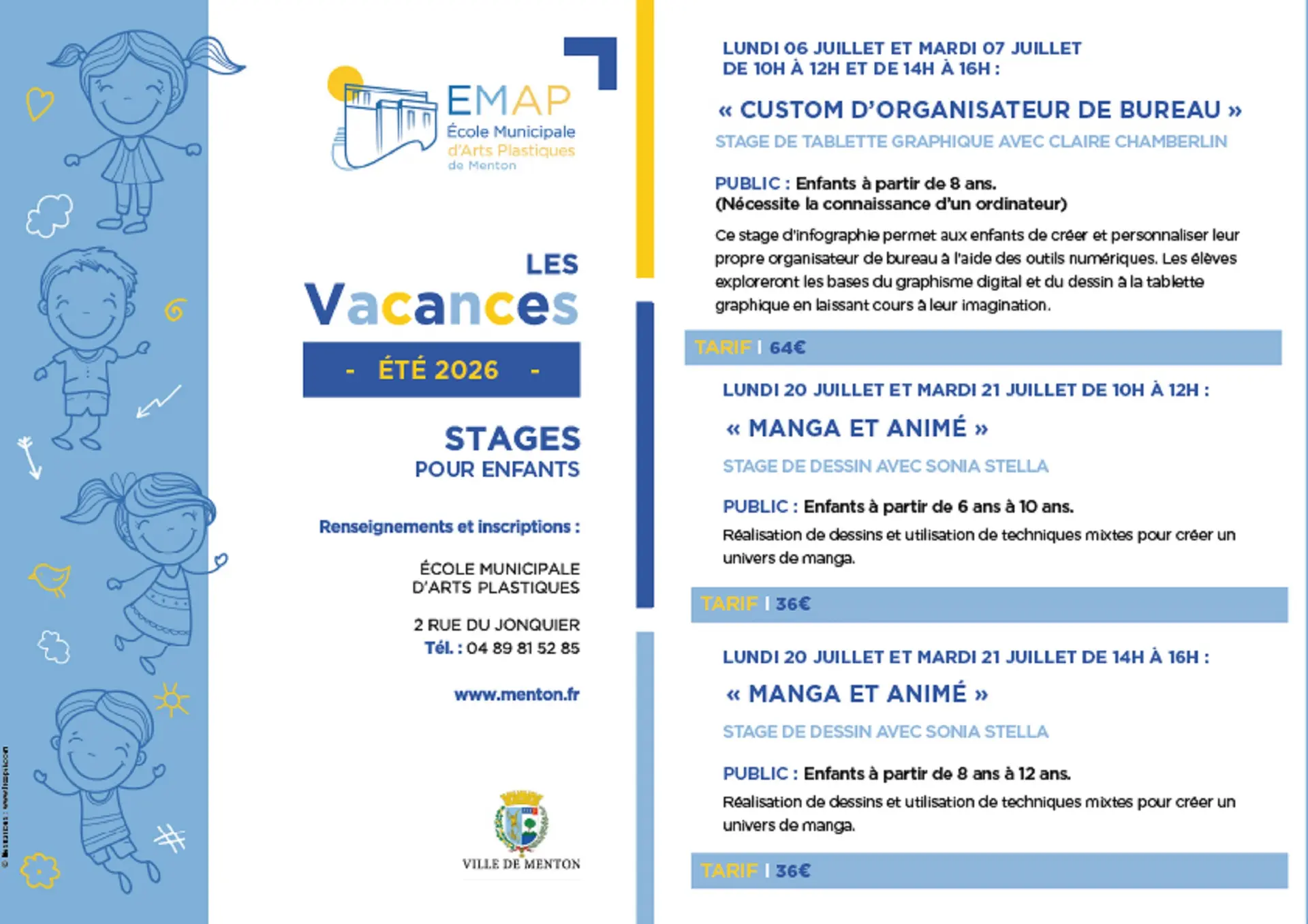 Stages d'été 2026 Ecole municipale d'arts plastiques de Menton