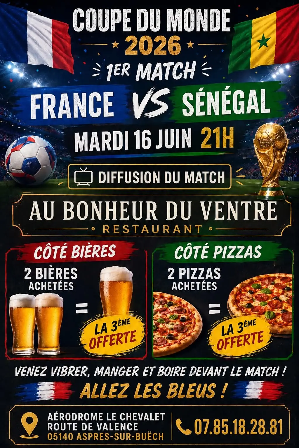 Coupe du Monde 2026 diffusion du 1er match France/Sénégal au restaurant "Au Bonheur du Ventre "