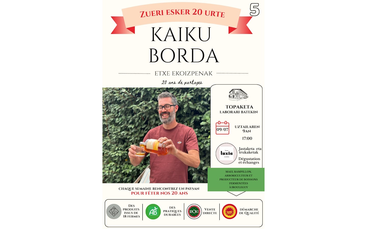 20 ans de Kaiku Borda : dégustation et échanges avec Mael Rampillon arboriculteur et producteur de boissons fermentées