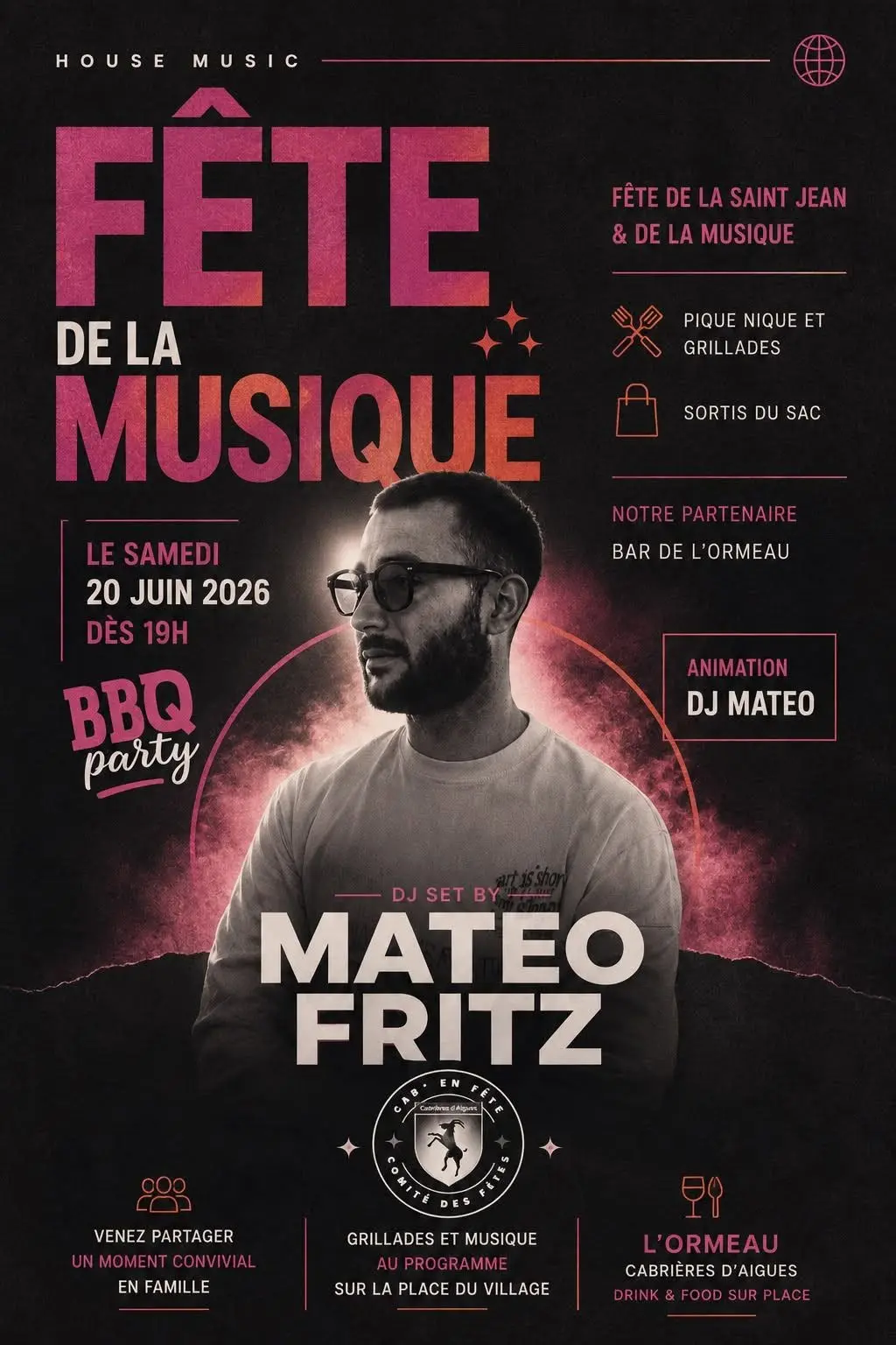 Venez fêter la fête de la musique et la Saint Jean sur la place du village à Cabrières d Aigues