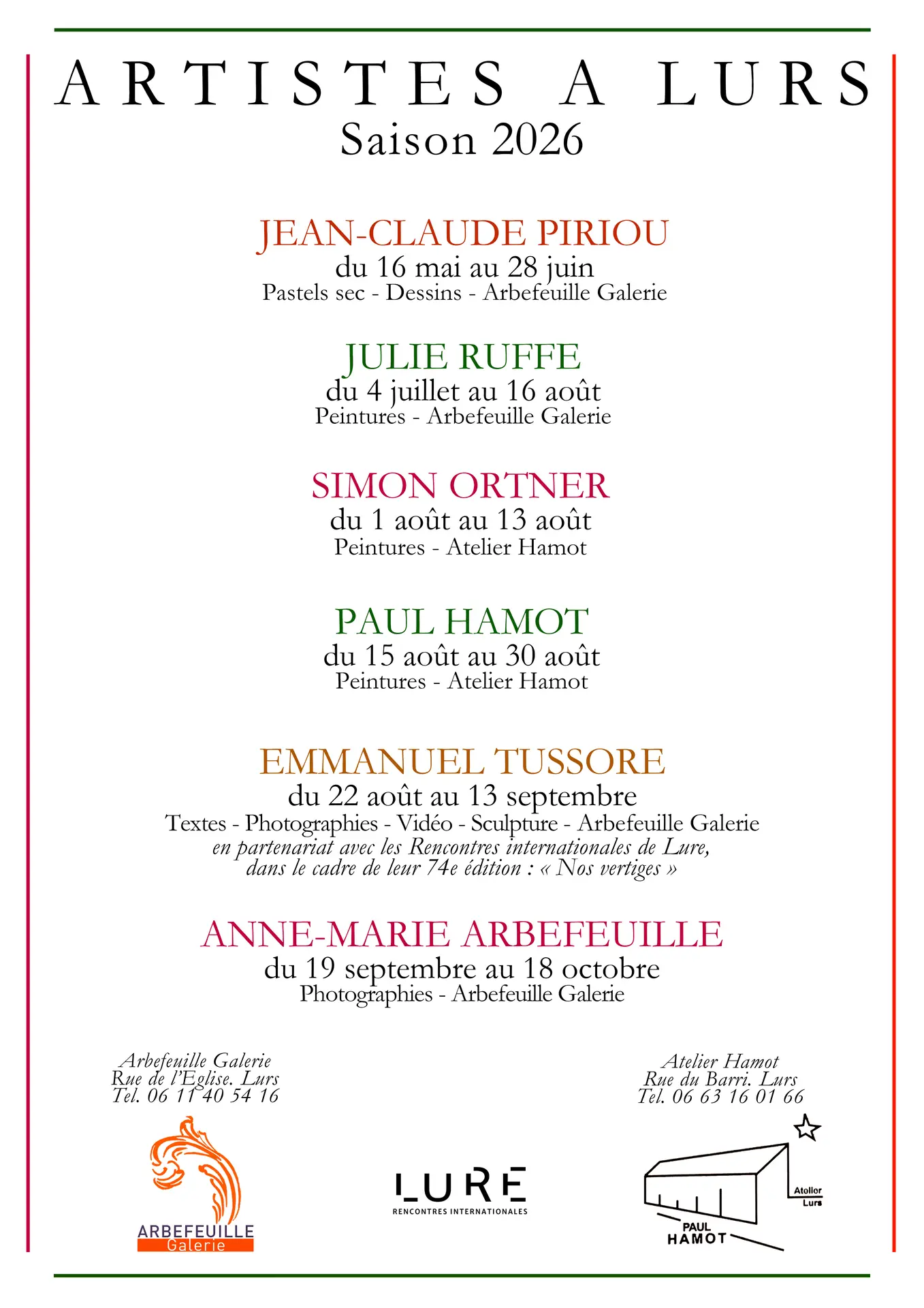 Expositions ''Artistes à Lurs'' Saison 2026