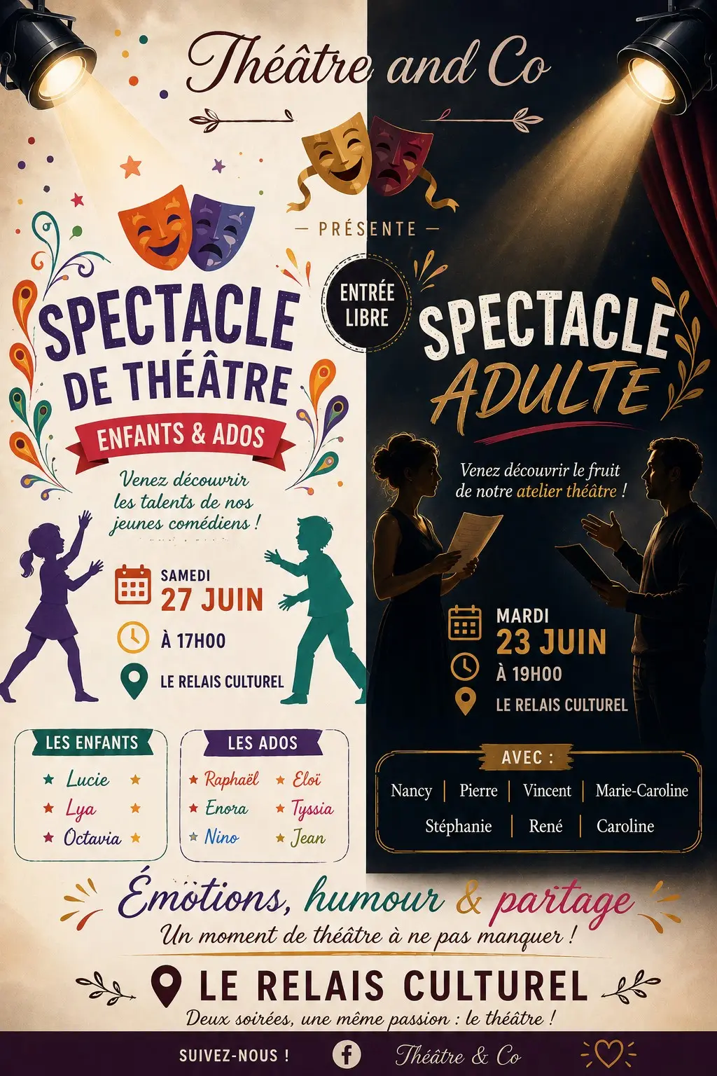 Spectacles de théâtre  par l’association Théâtre and Co "