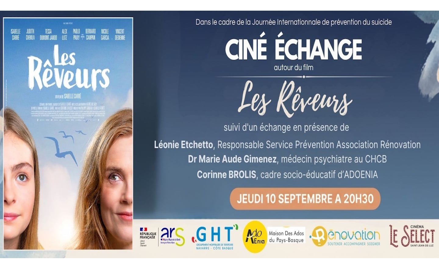 Ciné échange sur la Journée Mondiale de Prévention du Suicide : Film « Les rêveurs » d’Isabelle Carré