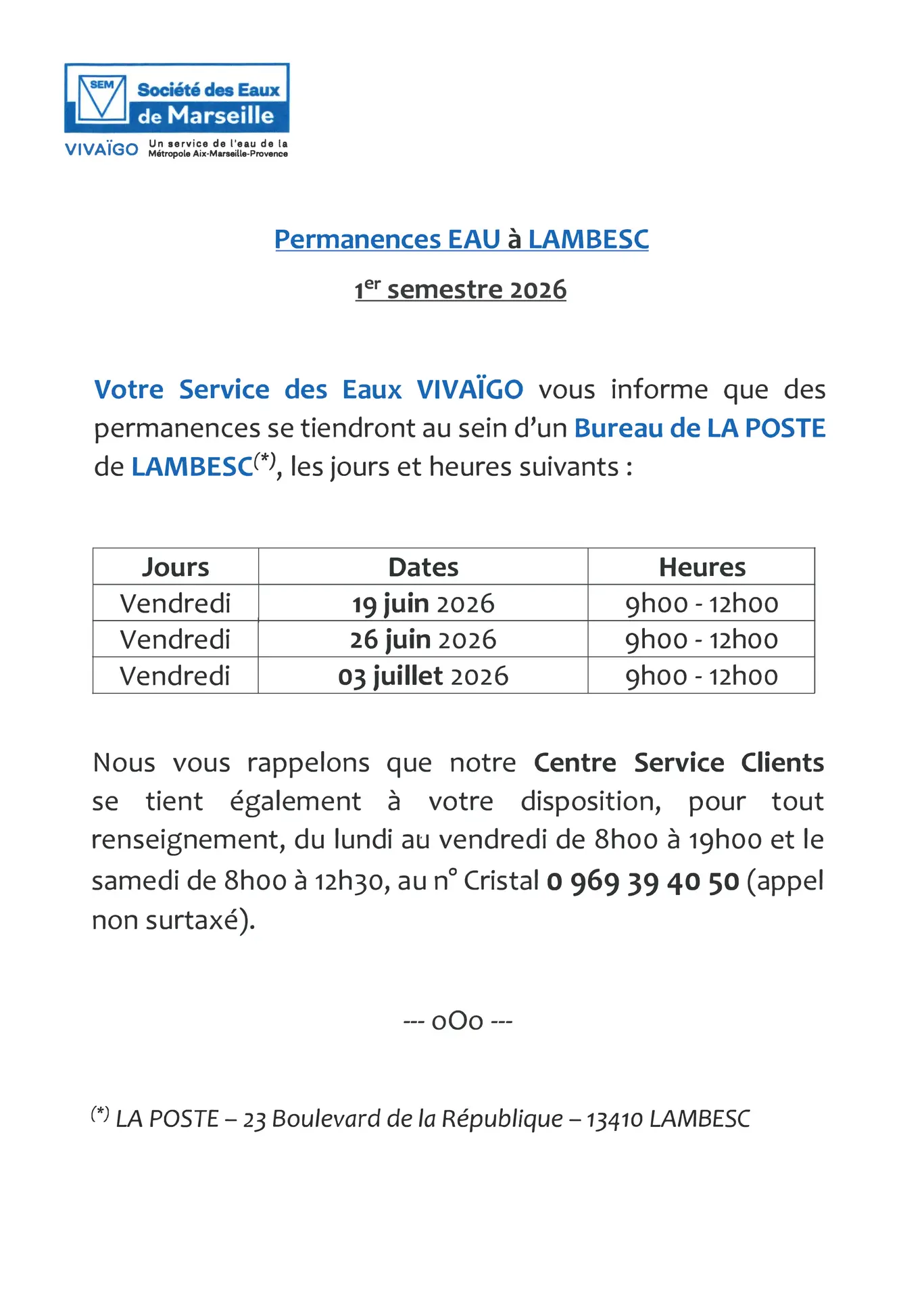 Permanence Service des Eaux Vivaïgo
