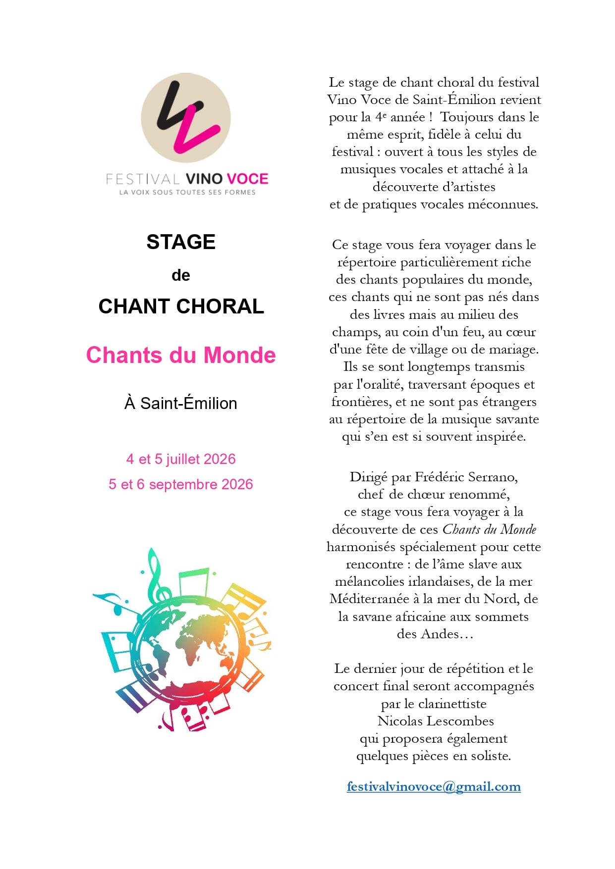 Stage de chant choral par le Festival Vino Voce - Chants du Monde
