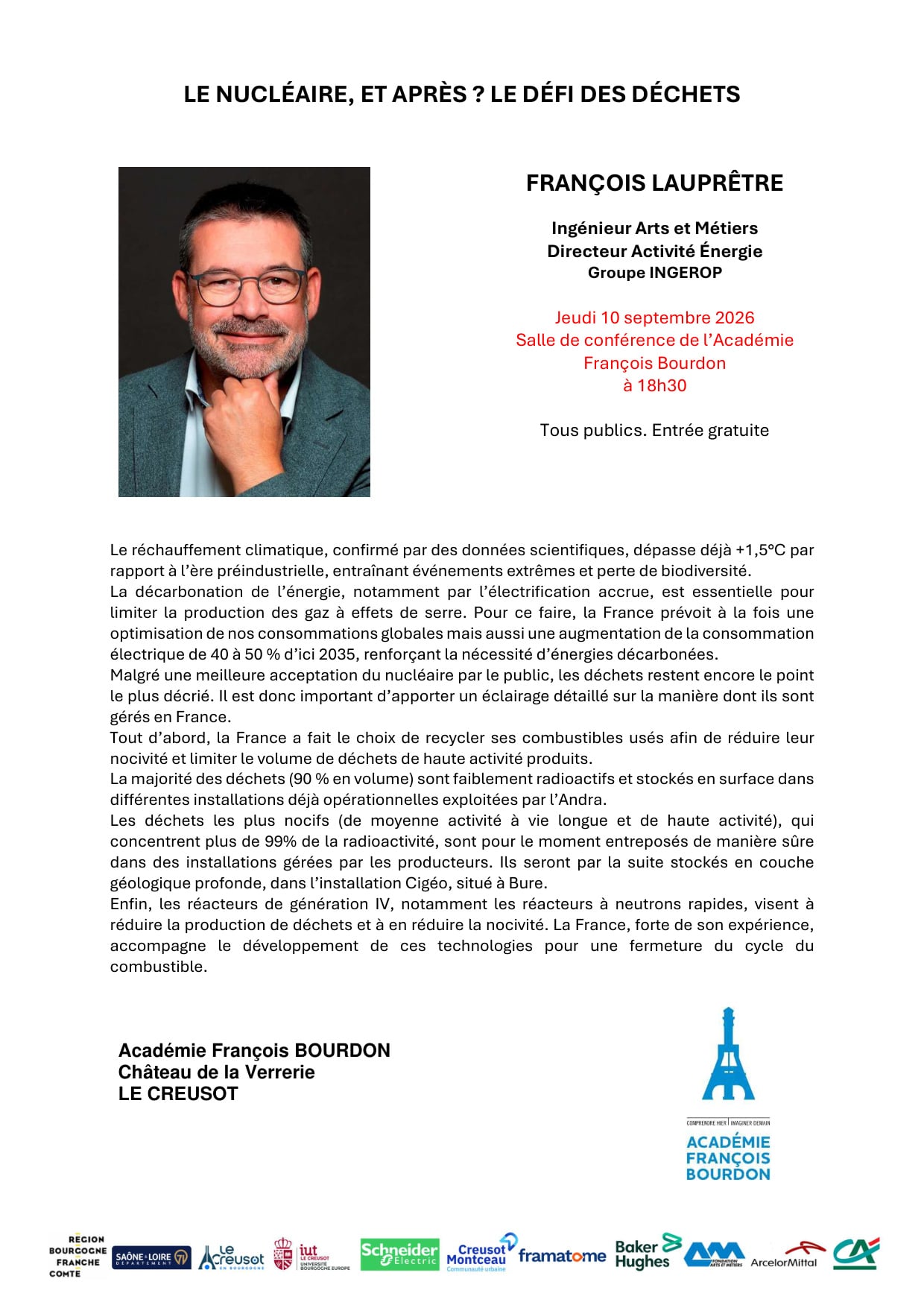Conférence de François Lauprêtre : "Le nucléaire et après ? Le défi des déchets".