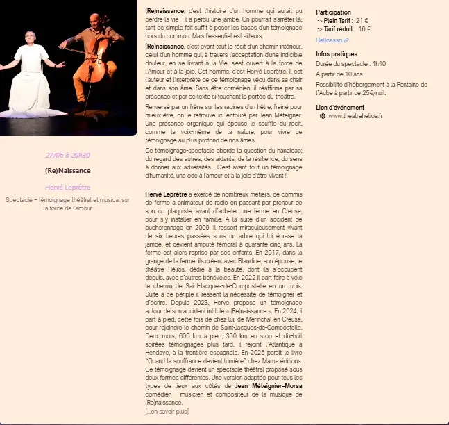 Spectacle – témoignage théâtral et musical sur la force de l'amour (Re)Naissance à la Fontaine de l'Aube à Cadenet