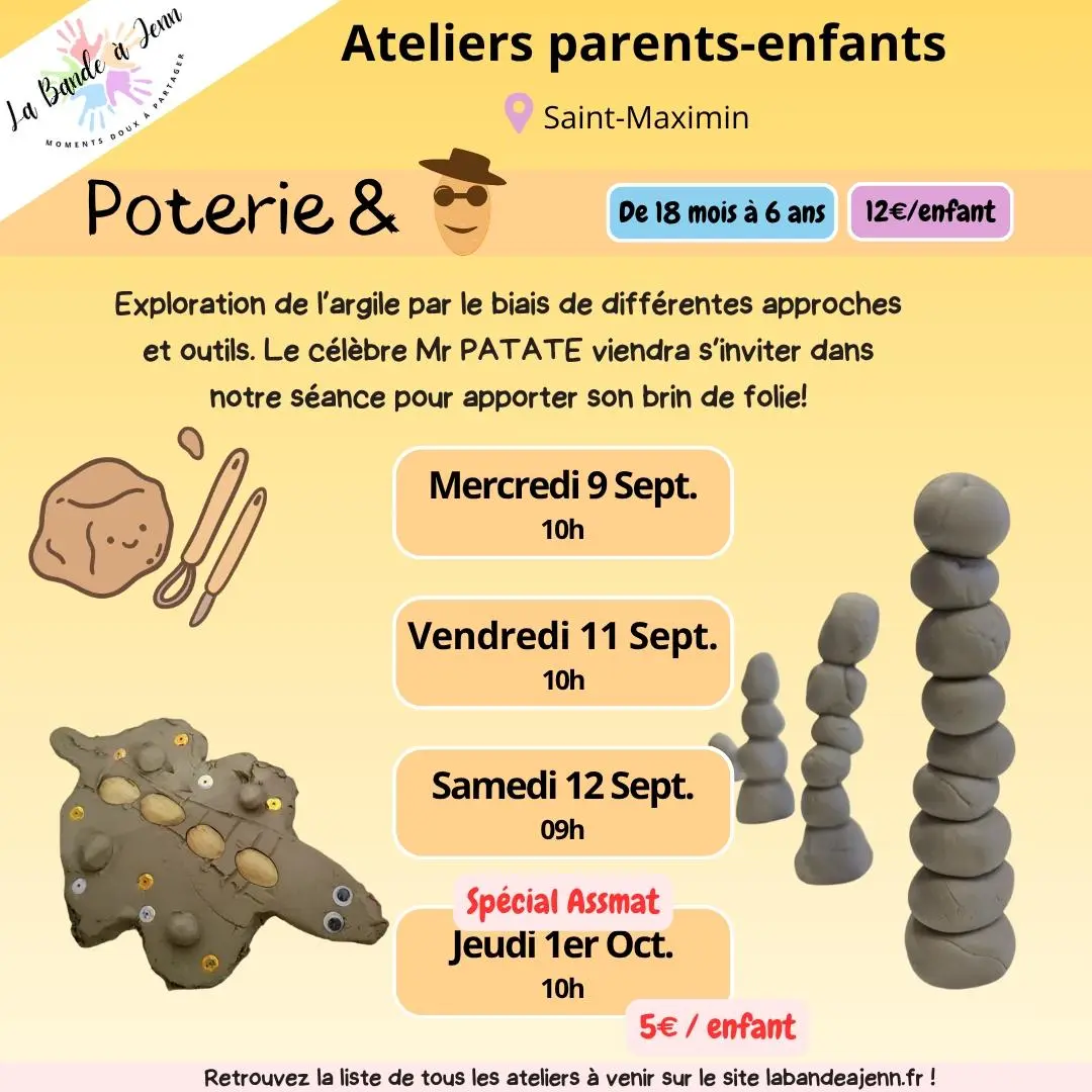 Atelier parent/enfant : Poterie & Mr Patate (enfants 18 mois à 6 ans)
