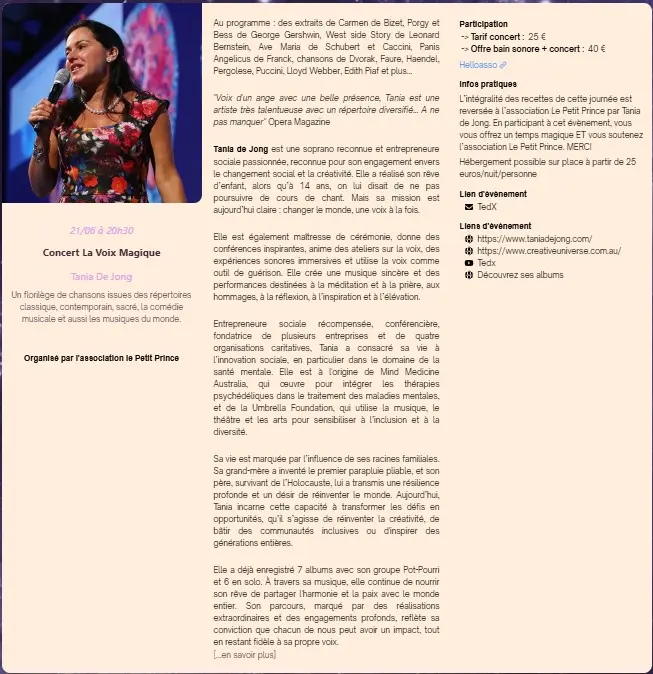 Bain sonore et concert à la Fontaine de l'Aube à Cadenet  avec la soprano Tania de Jong