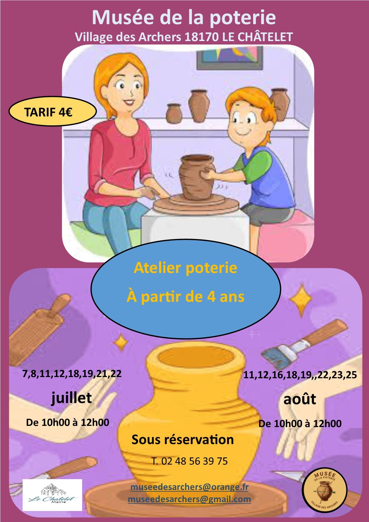 Atelier poterie enfants, en juillet , au musée de la poterie