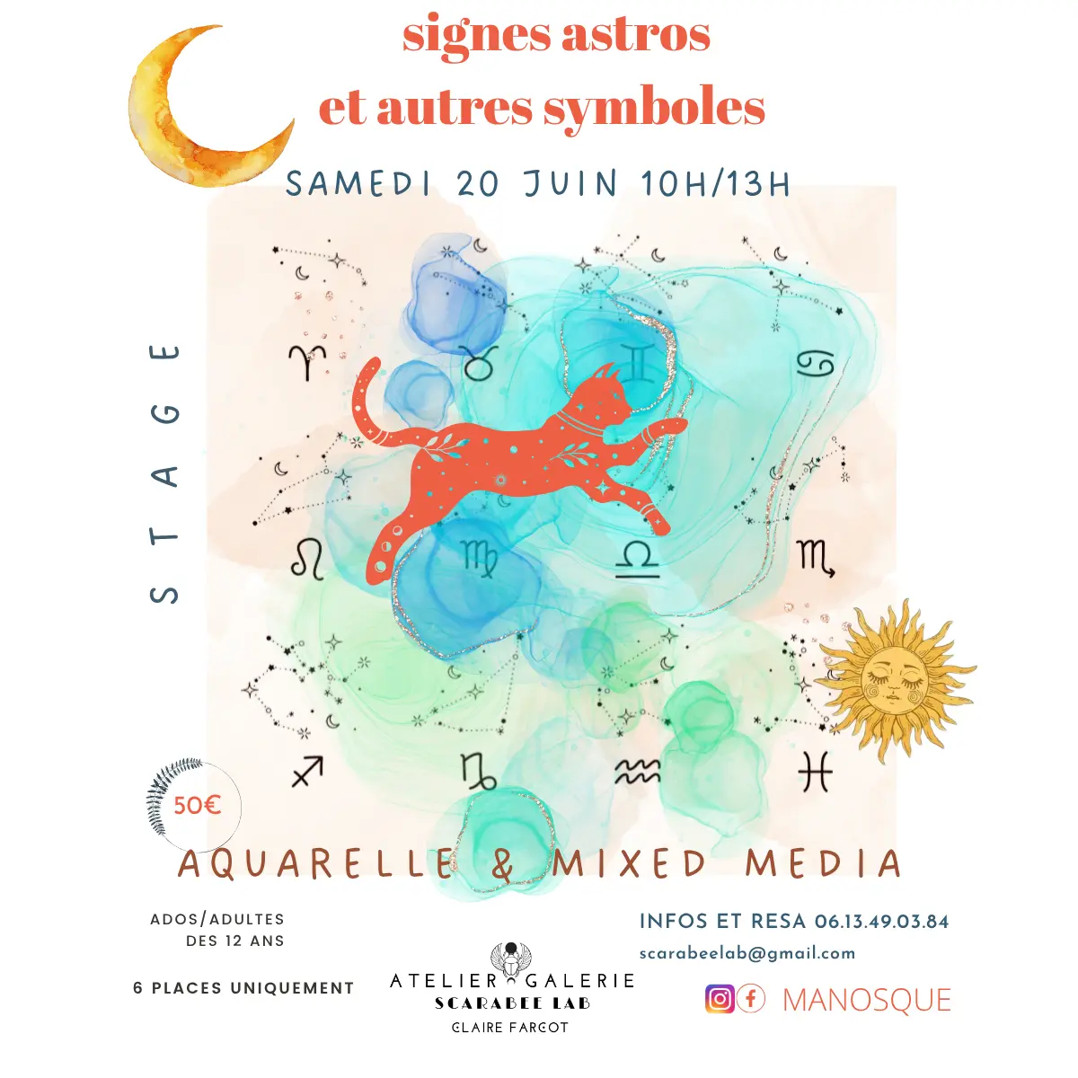 Stage aquarelle et mixed media / signes astros et autres symboliques
