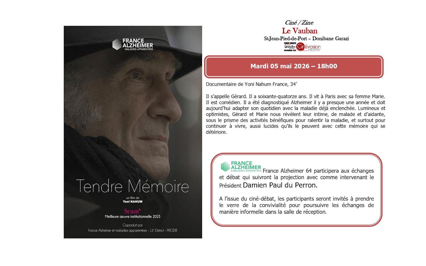 Ciné-débat "Tendre mémoire" avec France Alzheimer