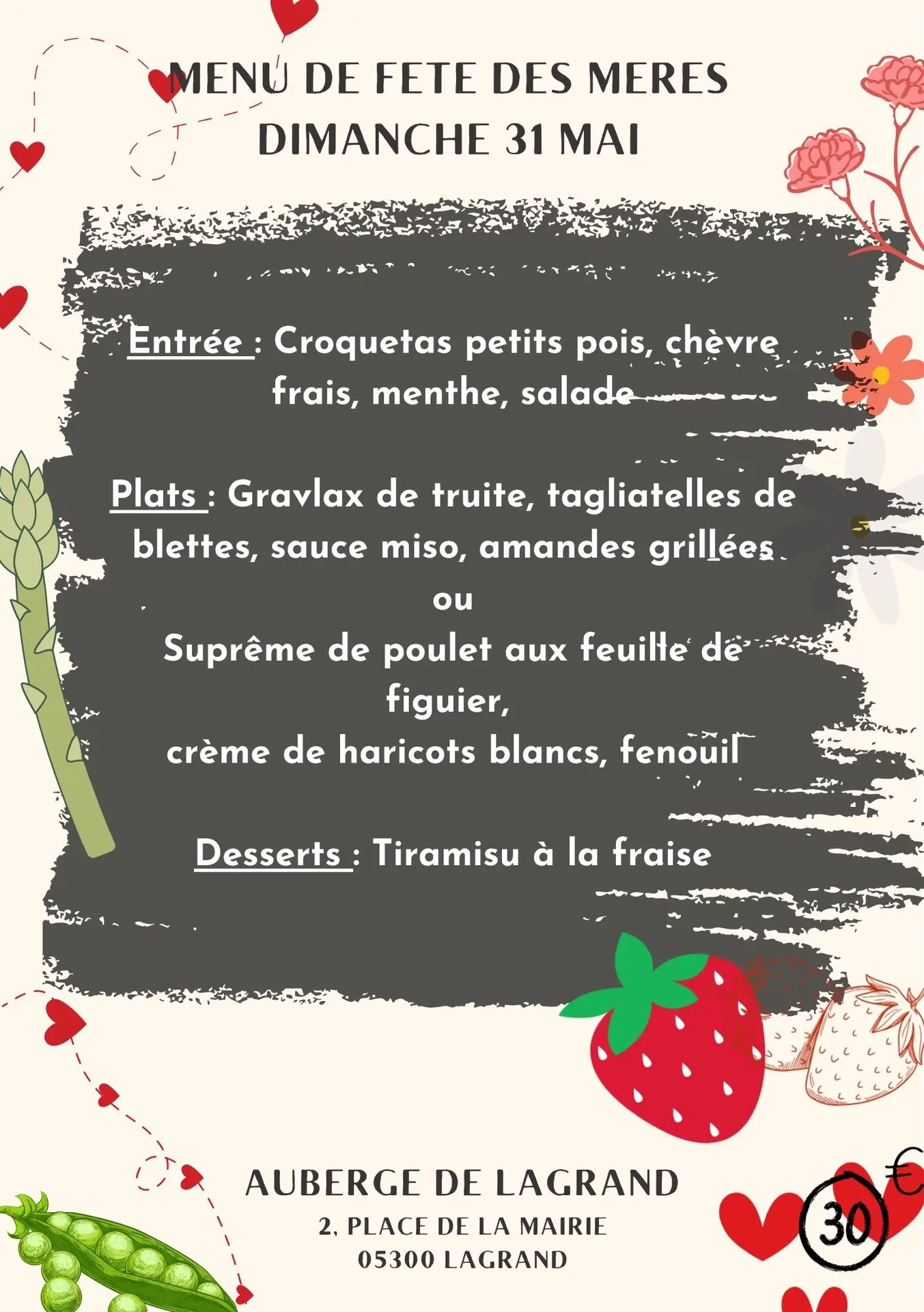 Menu de la Fête des Mères à l'Auberge de Lagrand
