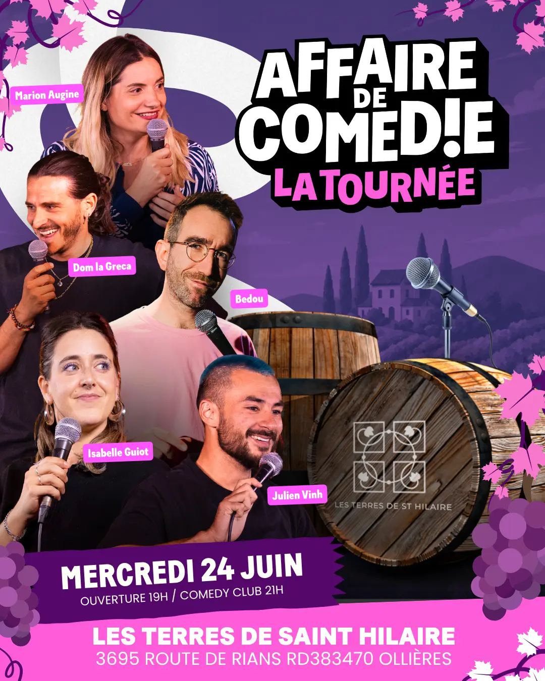 Soirée stand up en plein air : Julien Vinh, Bedou, Dom la Greca, Marion Augine, Isabelle Guiot | Affaire de comédie la tournée