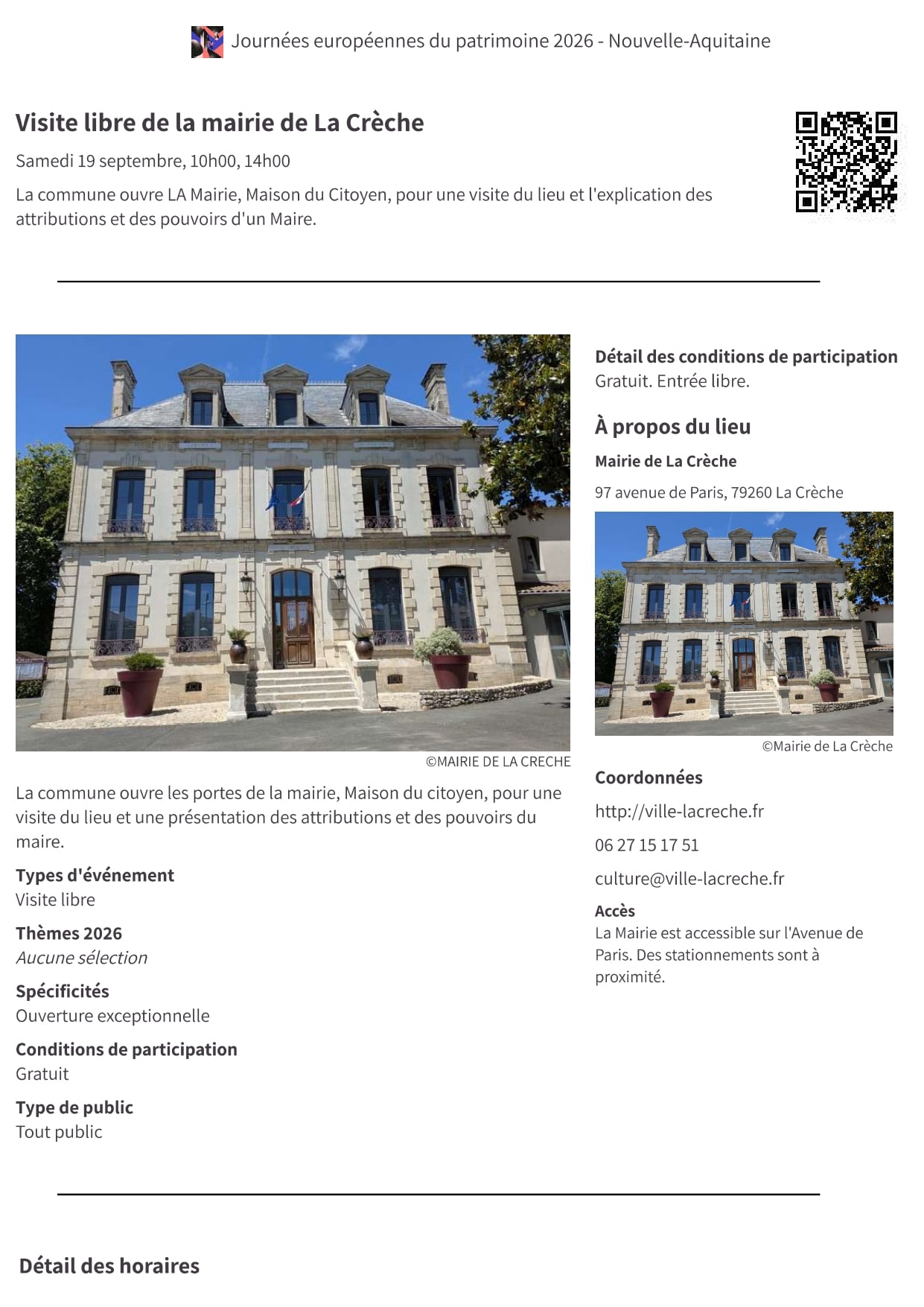 Journées du Patrimoine : Visite libre de la mairie de La Crèche