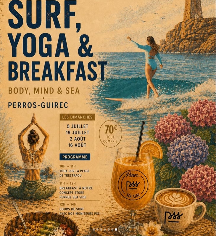 Yoga & Breakfast & Surf avec Perroz Sea Side (PSS) !