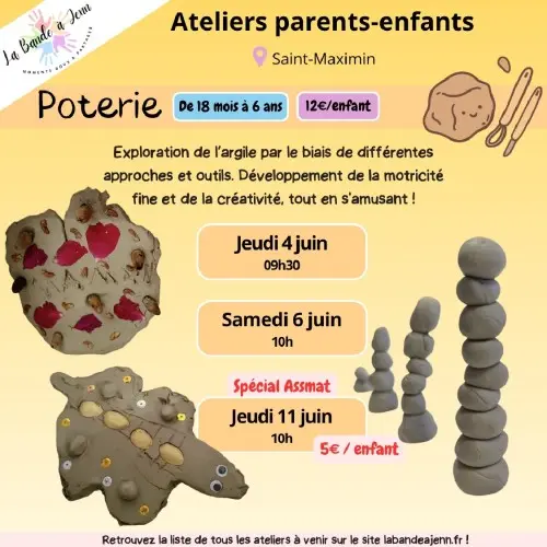 Atelier parent/enfant : Poterie -  (enfants 18 mois à 6 ans)