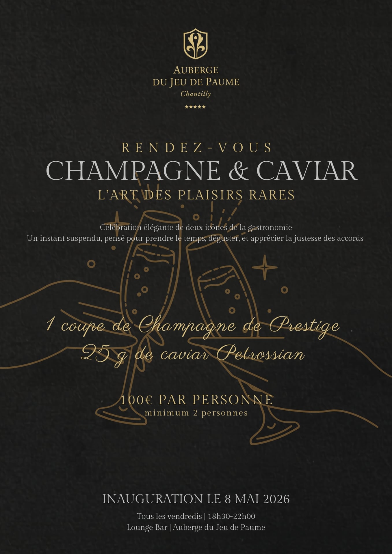 Rendez-vous "Champagne & Caviar : L’Art des Plaisirs Rares" à l'Auberge du Jeu de Paume à Chantilly