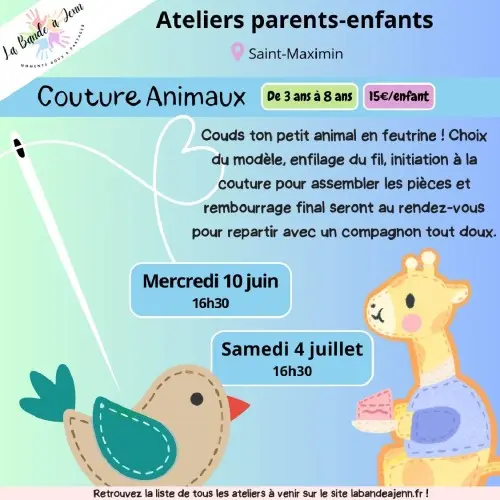 Atelier parent/enfant : Couture animaux -  (enfants 3 ans à 8 ans)