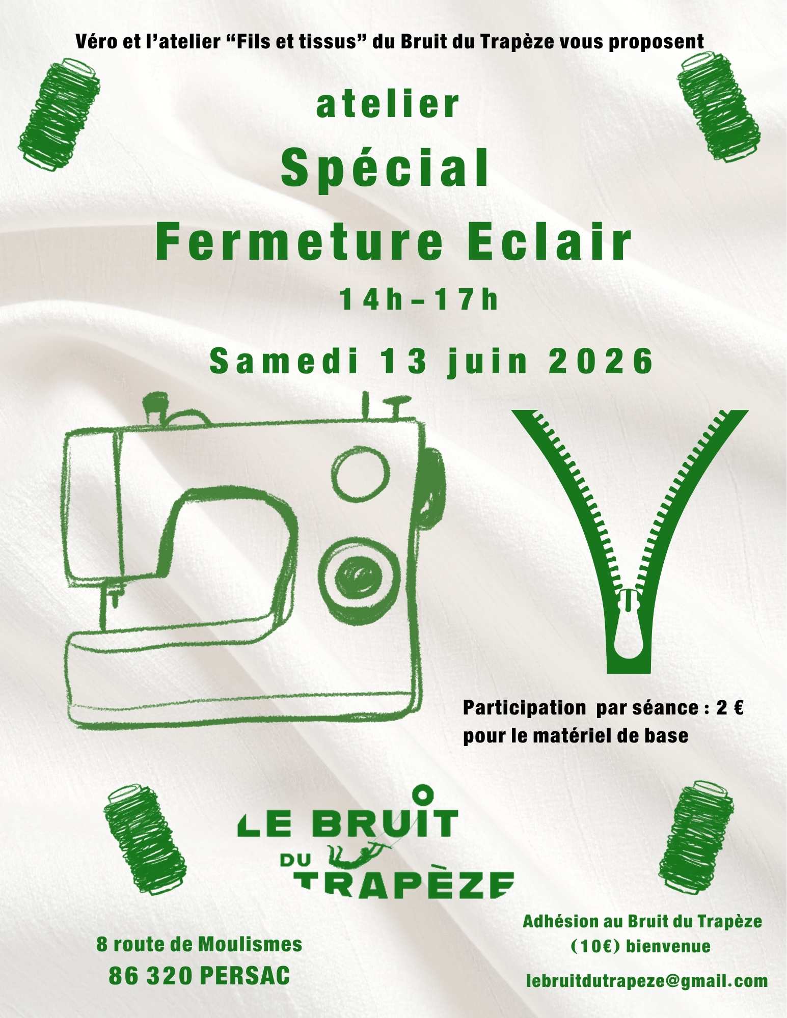 Atelier machine à coudre spécial fermeture éclair