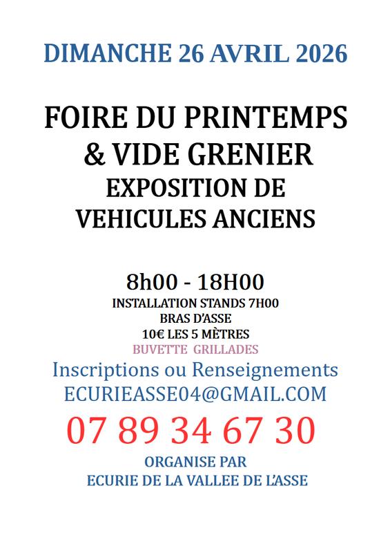 Fête du printemps vide grenier, foire artisanal produits régionaux et expositions de véhicules anciens