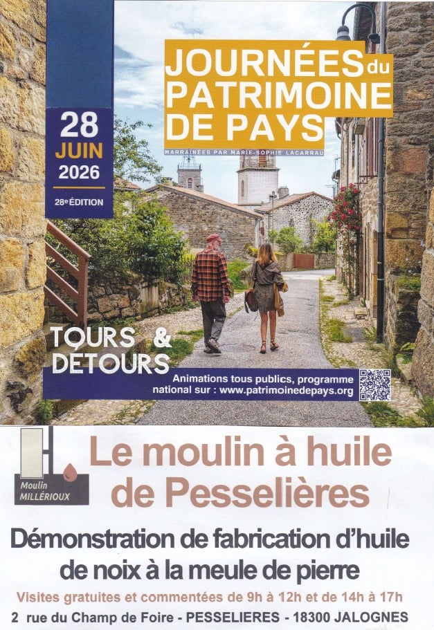 [Journée du patrimoine de Pays et des Moulin]: démonstration de fabrication d'huile de noix à la meule de pierre