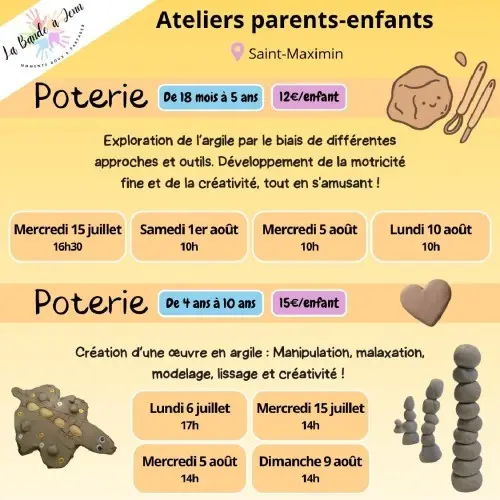 Atelier parent/enfant : Poterie - (enfants 18 mois à 5 ans)
