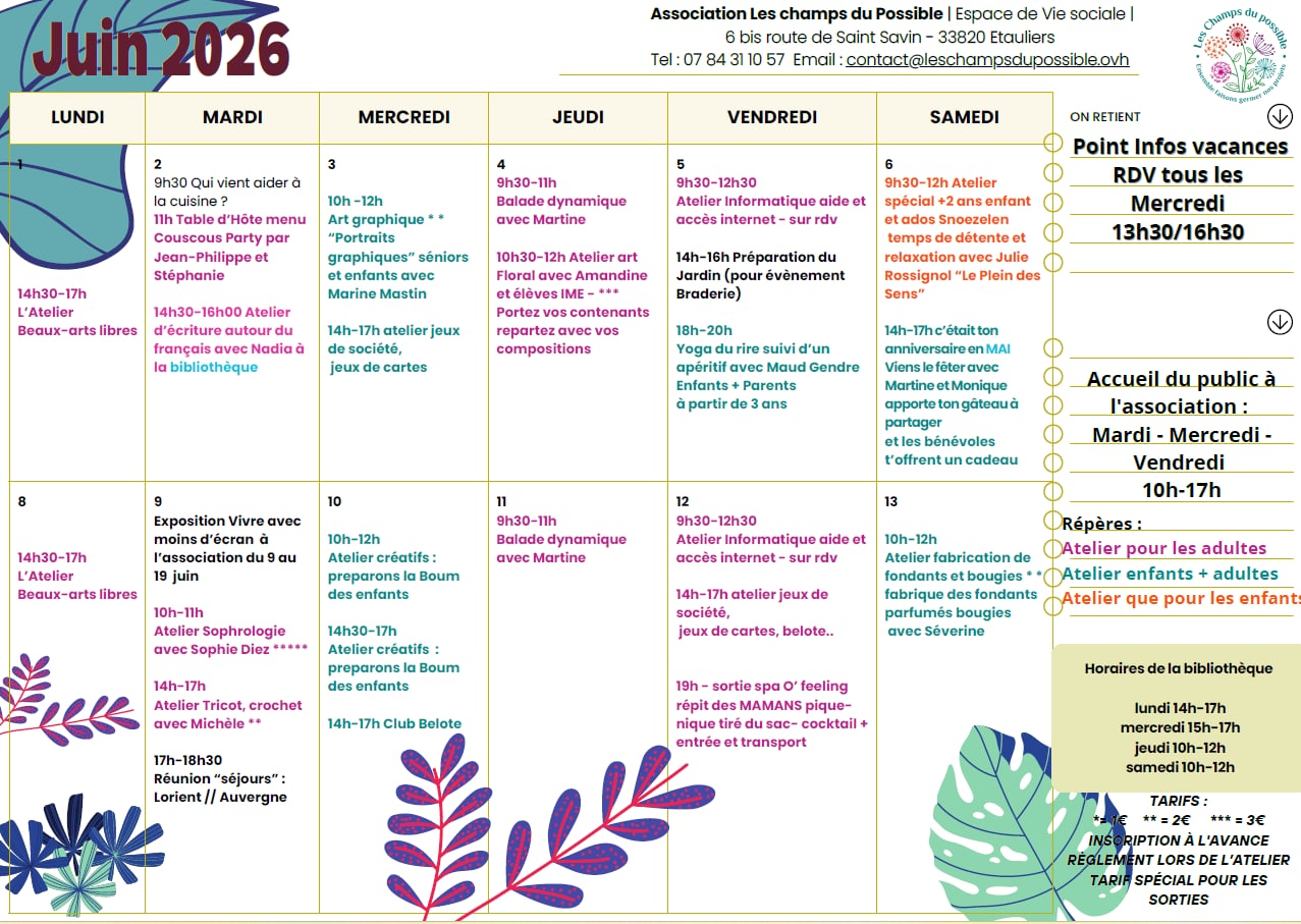 Programme des mois de juin/juillet/août "Les champs des possibles"