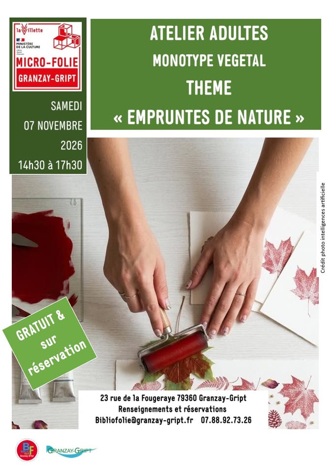 Atelier adultes monotype végétal – empreintes de nature au musée numérique Micro-Folie à Granzay-Gript