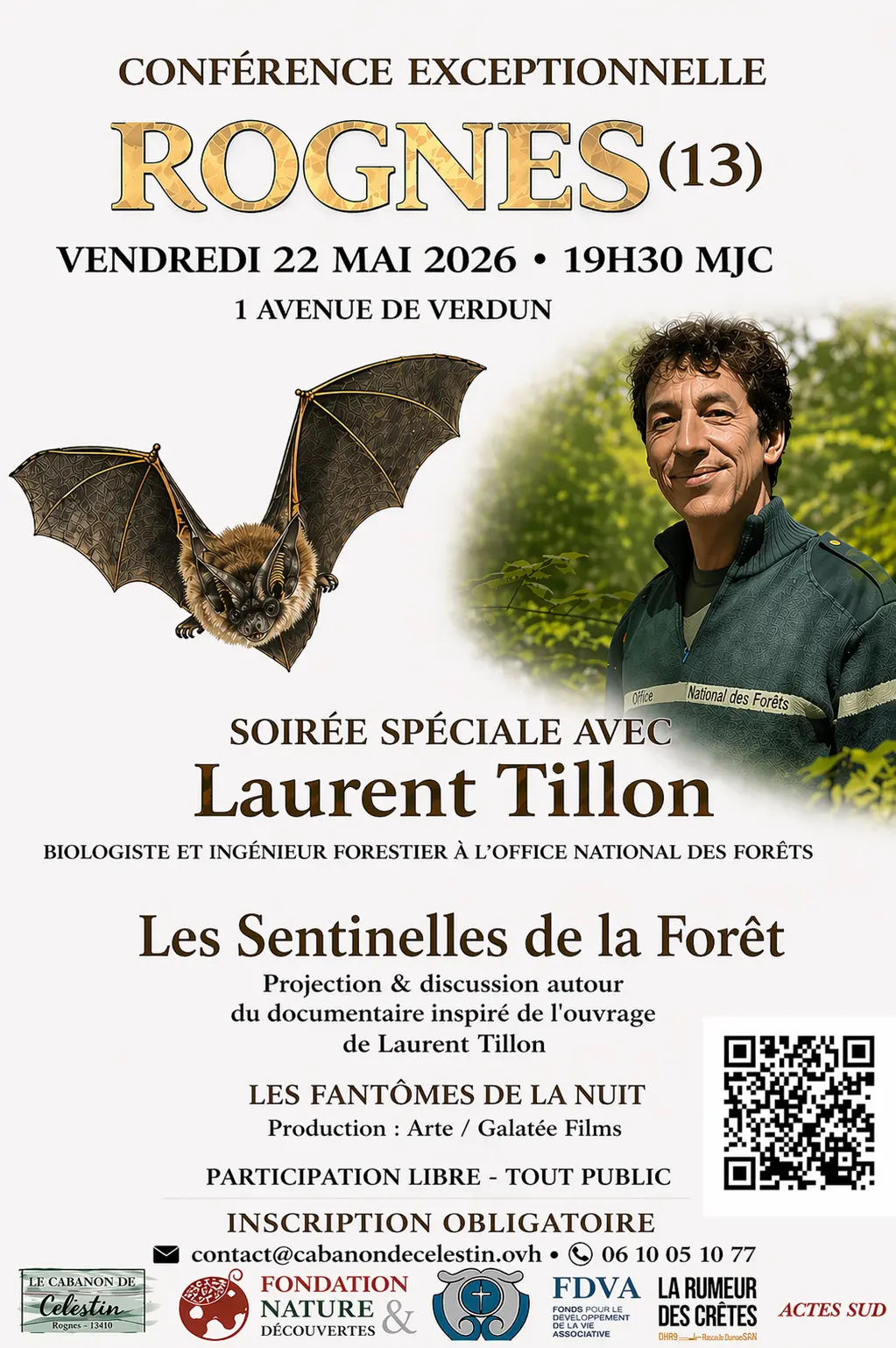 Conférence par Laurent Tillon, chiroptérologue, film  "Les sentinelles de nos forêts", Echanges et dédicaces