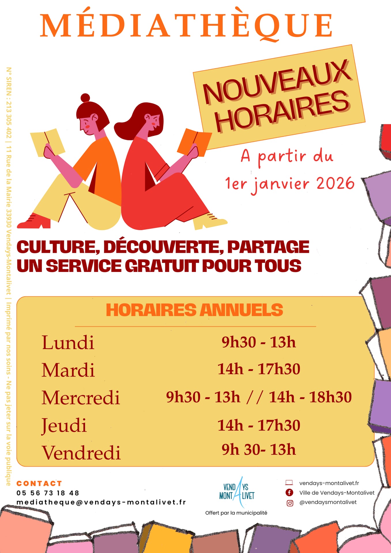 Médiathèque Vendays, Horaires 2026