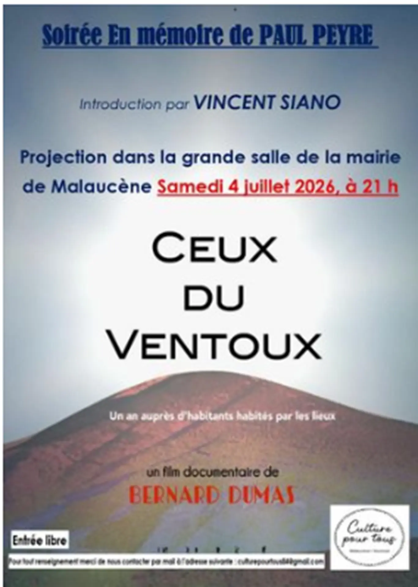 Soirée mémoire Paul Peyre, projection du film "Ceux du ventoux"
