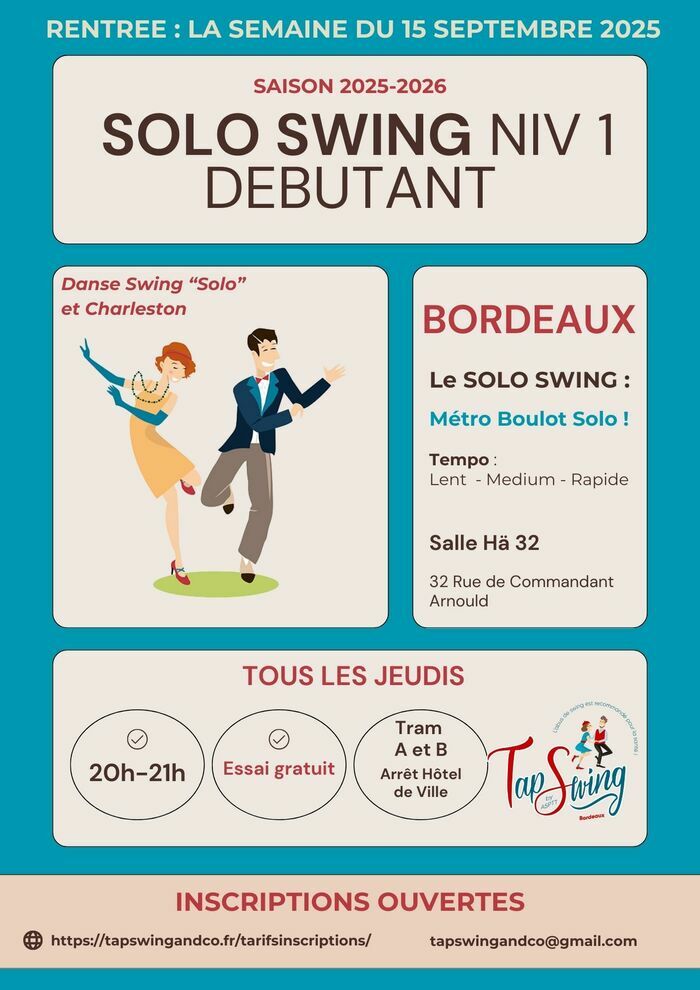 Rentrée des cours de danses swing : SOLO SWING / CHARLESTON DEBUTANT - Bordeaux - Salle Hâ 32